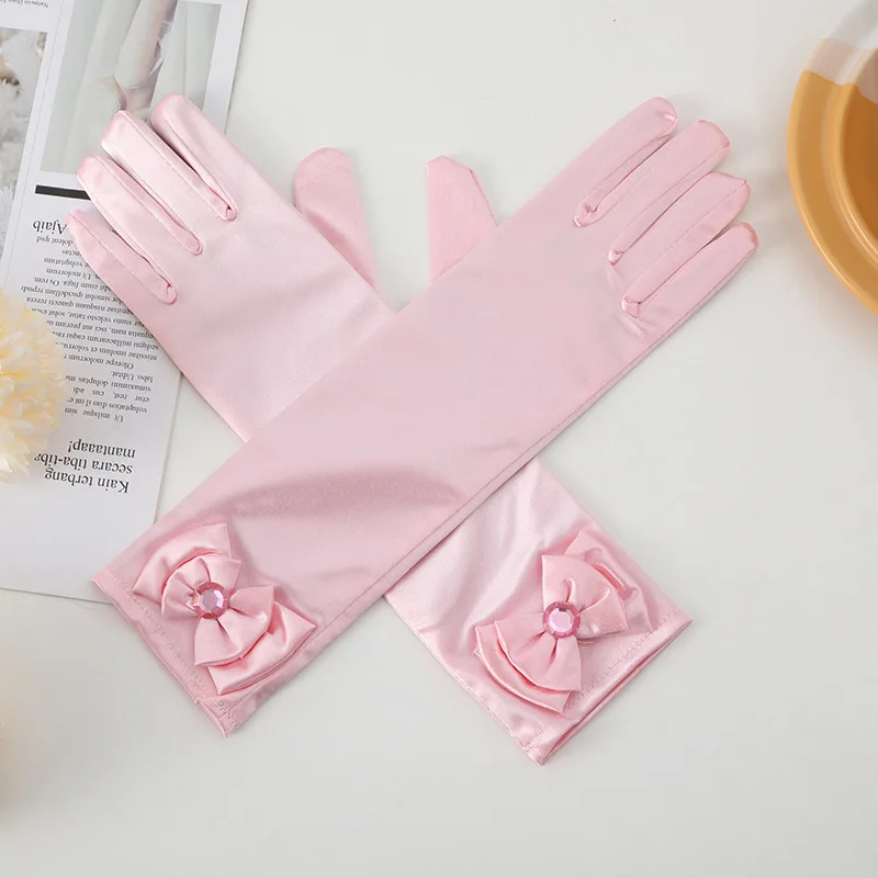 Girls Princess Accessories Kids Satin Bow Elsa Cinderella Gloves for Costume Children Birthday Halloween Party Cosplay Gift 2