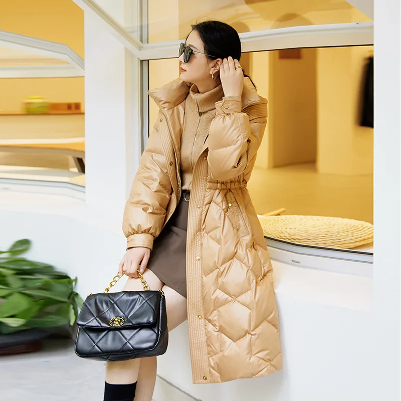 Women's Medium Long Hooded Coat, 90% Goose Down Jacket, Mink Strip Pocket Trim, Winter, New