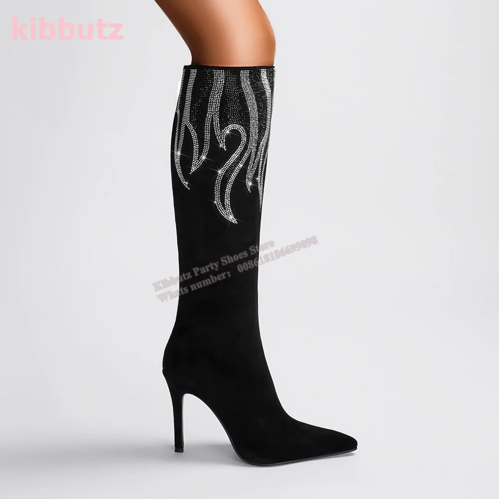 

Crystal Pointed Toe Thin Heel Knee-High Boots Glossy Rhinestone Solid Black Suede Flames Side Zipper Fashion Luxury Shoes Newest