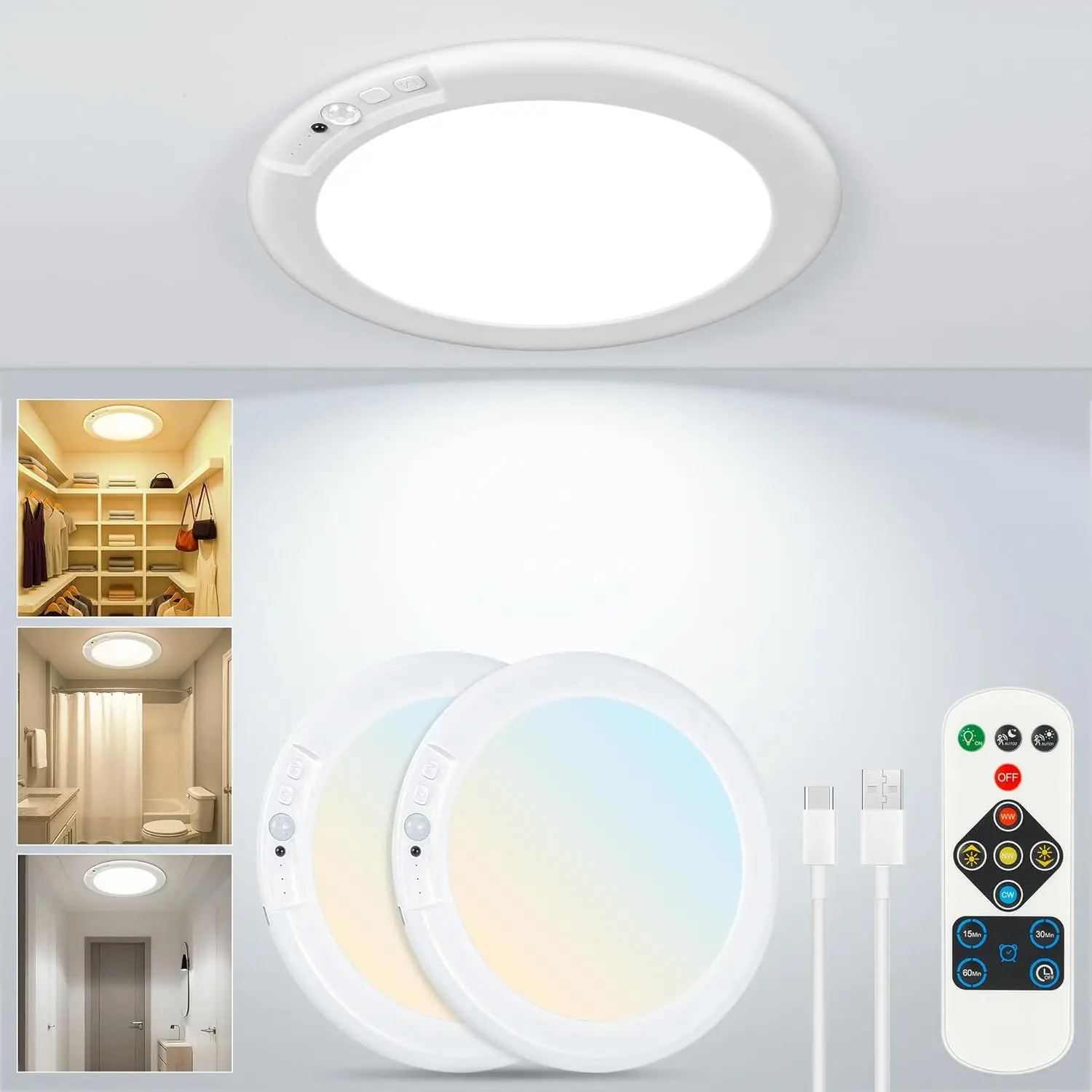 Wireless Motion Sensor Ceiling Light with Remote, Rechargeable LED for ...