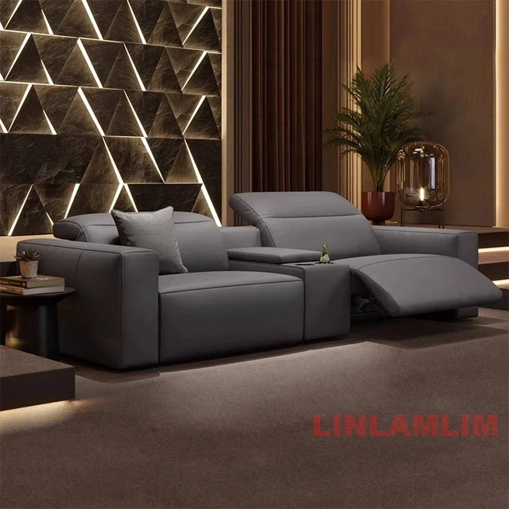 Dual Motors Electric Recliner Sofa – Genuine Leather Power Sofa with Adjustable Headrests, USB Port & Cup Holder – Theater Couch 2