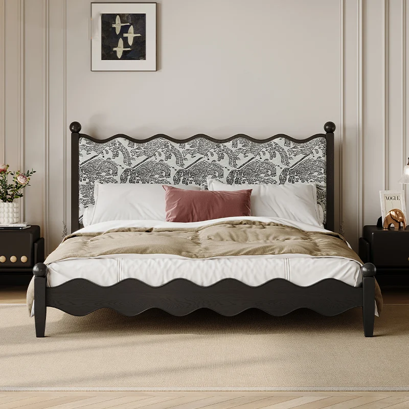 

French Vintage bed Solid wood Double bed 1.8m Master bedroom jacquard fabric black wavy ash queen bed