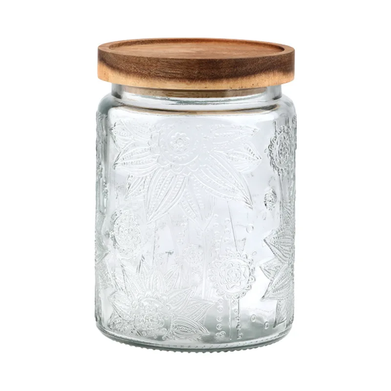 Retro Begonia Flower Small Glass Sealed Jar Acacia Wood Cover Candy and Snacks Storage Tank Dried Fruit Tea Storage Tank 5