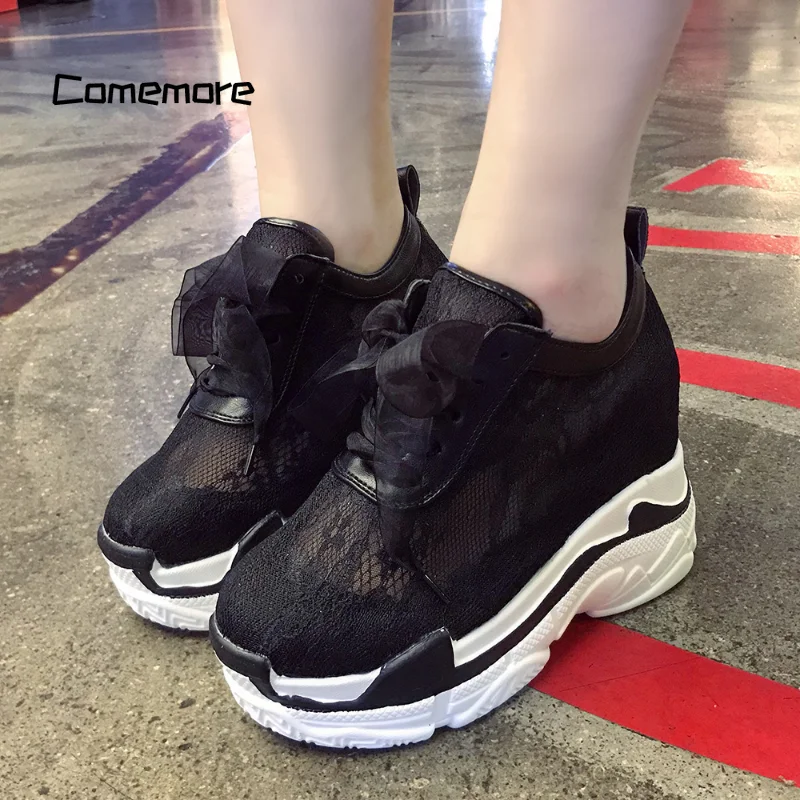 Comemore Elegant White Women Casual Shoes High Heels Wedges Outdoor Shoes Breathable Shoes Woman 12cm New Mesh Platform Sneakers