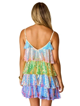 Women's Summer Short Sling Dress Sleeveless Backless V Neck Layered Ruffle Sequins Dress 2