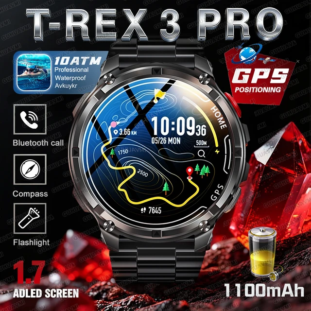 2026 New T-Rex 3 Pro Smart Watch 1100mAh Long Battery Dual-Band GPS 10ATM Waterproof Military Grade Sports Outdoor Smartwatches