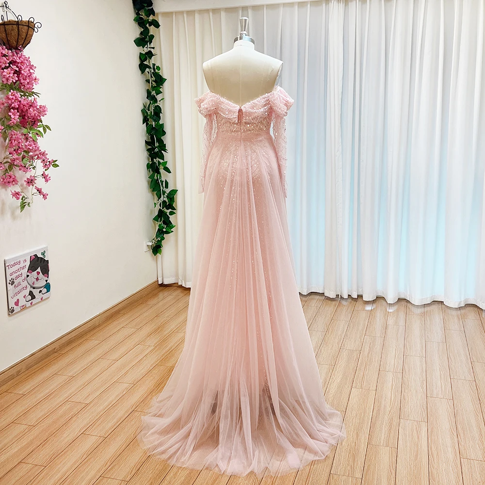 S9e4289922bb24ee194b979639eb7120bd Elegant Sky Blue Mermaid Pearls Evening Dress for Women Long Sleeves with Detachable Train Formal Prom Wedding Party Gowns Mallzona