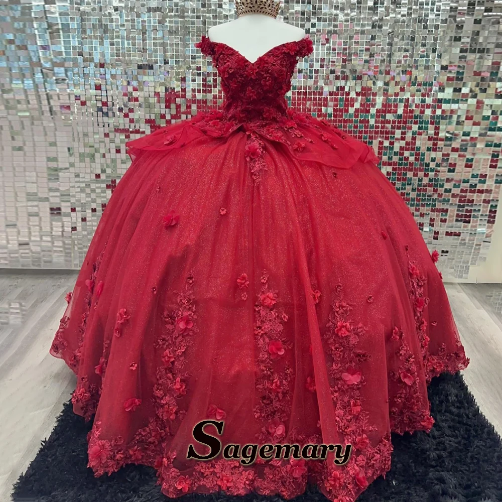 Sagemary V Neck Quinceanera Dresses for Teens Off the Shoulder Tulle Lace Appliques Lace Up Robe Quinceanera Rouge