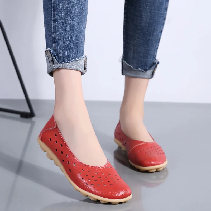 New 2024 Hollow Big Size Casual Breathable Genuine Leather Flats Shoes For Women Chaussure Femme Ladies Trainers Zapatos Mujer