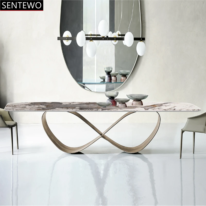 

Luxury Rock Slab kitchen dining table 4 chairs Stainless steel gold base Faux Marble table dinner chair set comedores silla