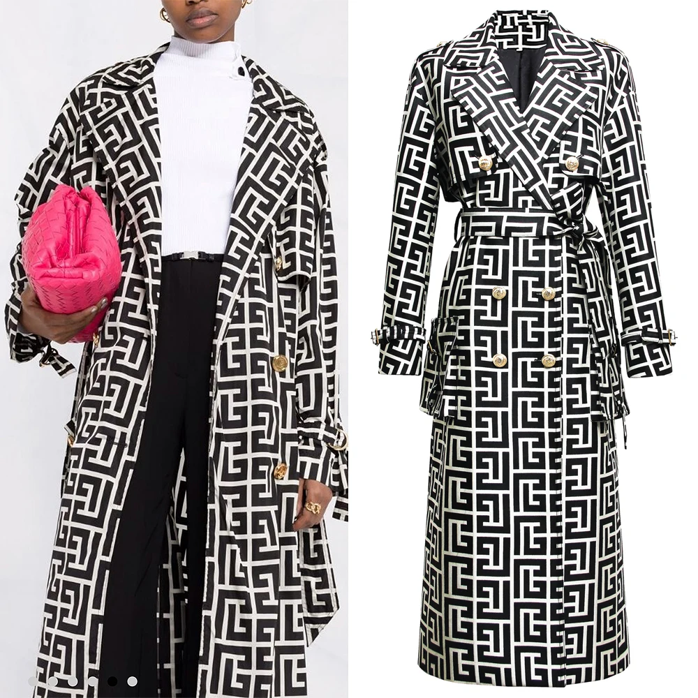 

2022 Casual European And American Print Belted Double-sided Hepburn Coat Temperament Commuter High-end Mid-length Trench Coat