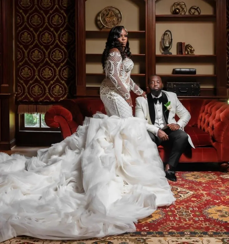 

Роскошные свадебные платья-русалки со съемным шлейфом и бисером, свадебные платья в африканском стиле, женское платье невесты с длинным рукавом