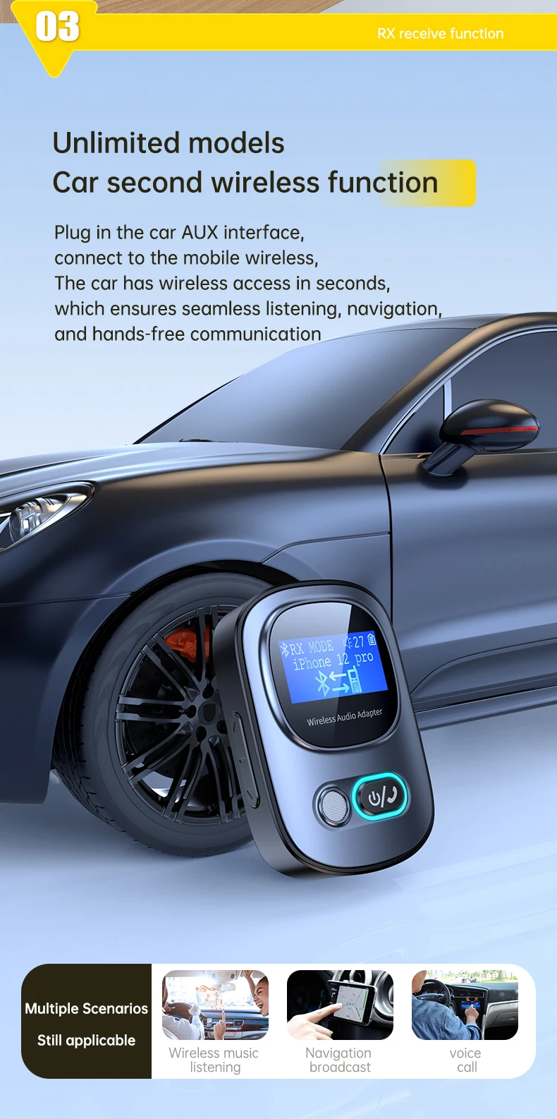 Bluetooth 5.3 Receiver for Car with led Display Aux Bluetooth Car Adapter Wirele