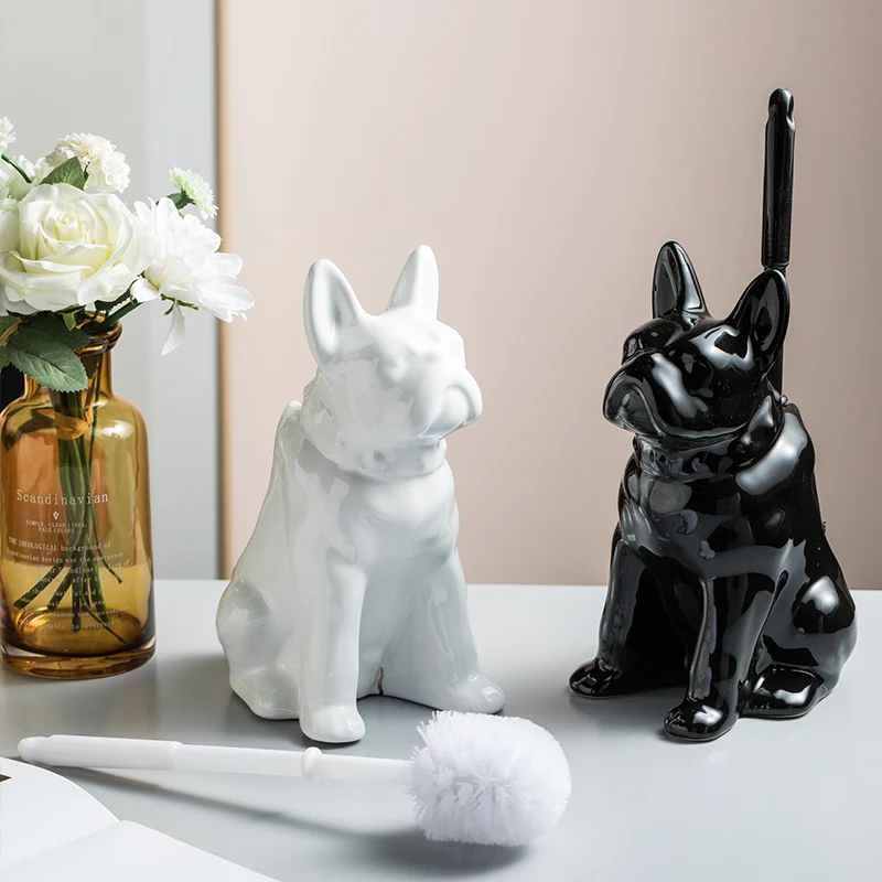 Ceramic Dog Toilet Brush Holder French Bulldog Black and White Cartoon