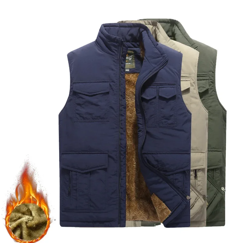 Casual Waistcoat Fishing Jacket Windbreak Men Autumn Winter Thick Warm Fleece Vest Sleeveless Jacket Man Clothes Plus Size M-8XL