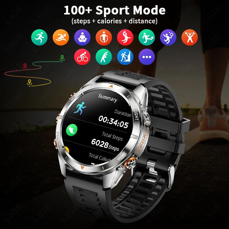 LIGE New Men Smartwatch Military 515mAh Battery Flashlight UV Lamp Heart Rate Health Monitor BT Call Smart Watch For Android IOS