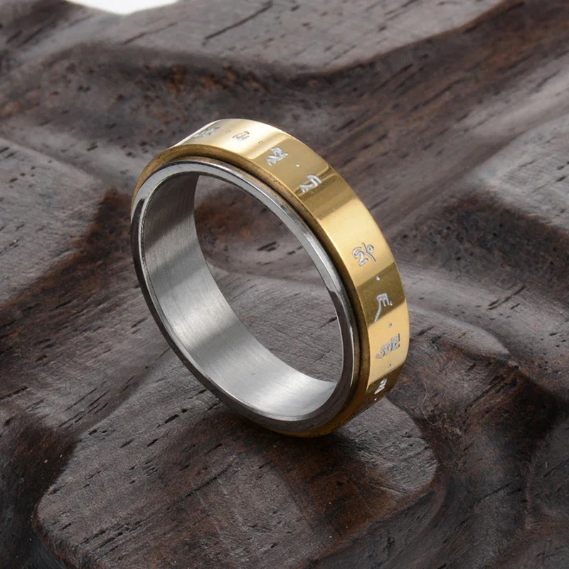 6mm Stainless Steel Rotatable Ring Buddhist Words Lucky Ring Vintage Religious Ring for Women and Men 6