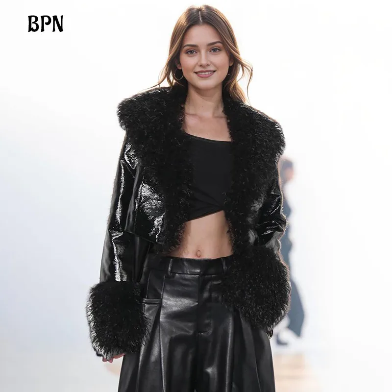 

BPN Fashion Patchwork Feather Jackets For Women Lapel Long Sleeve Solid Spliced Leather Streetwear Short Jacket Female Clothing