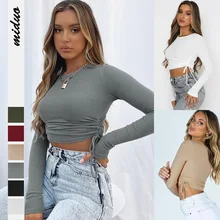 

New Solid Color Fashion Drawstring Crew Neck Long Sleeve Short Navel T-shirt Street Thread Top Woman Tshirts Comfort Sexy