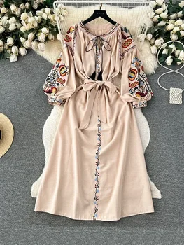 Women Spring Autumn Dress Vintage Ethnic Style Lantern Long Sleeve Embroidered Round Neck Slim A-line Cotton Linen Dress D4930 1