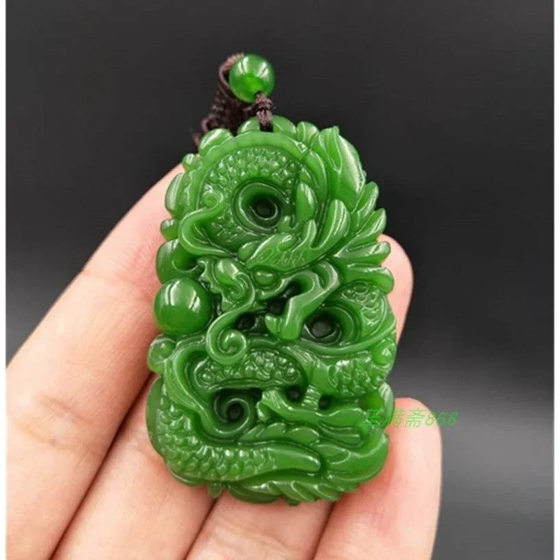 Pendant Necklace Natural Green Jade Dragon Hand-Carved Man Luck Amulet Gifts Woman Sweater Chain
