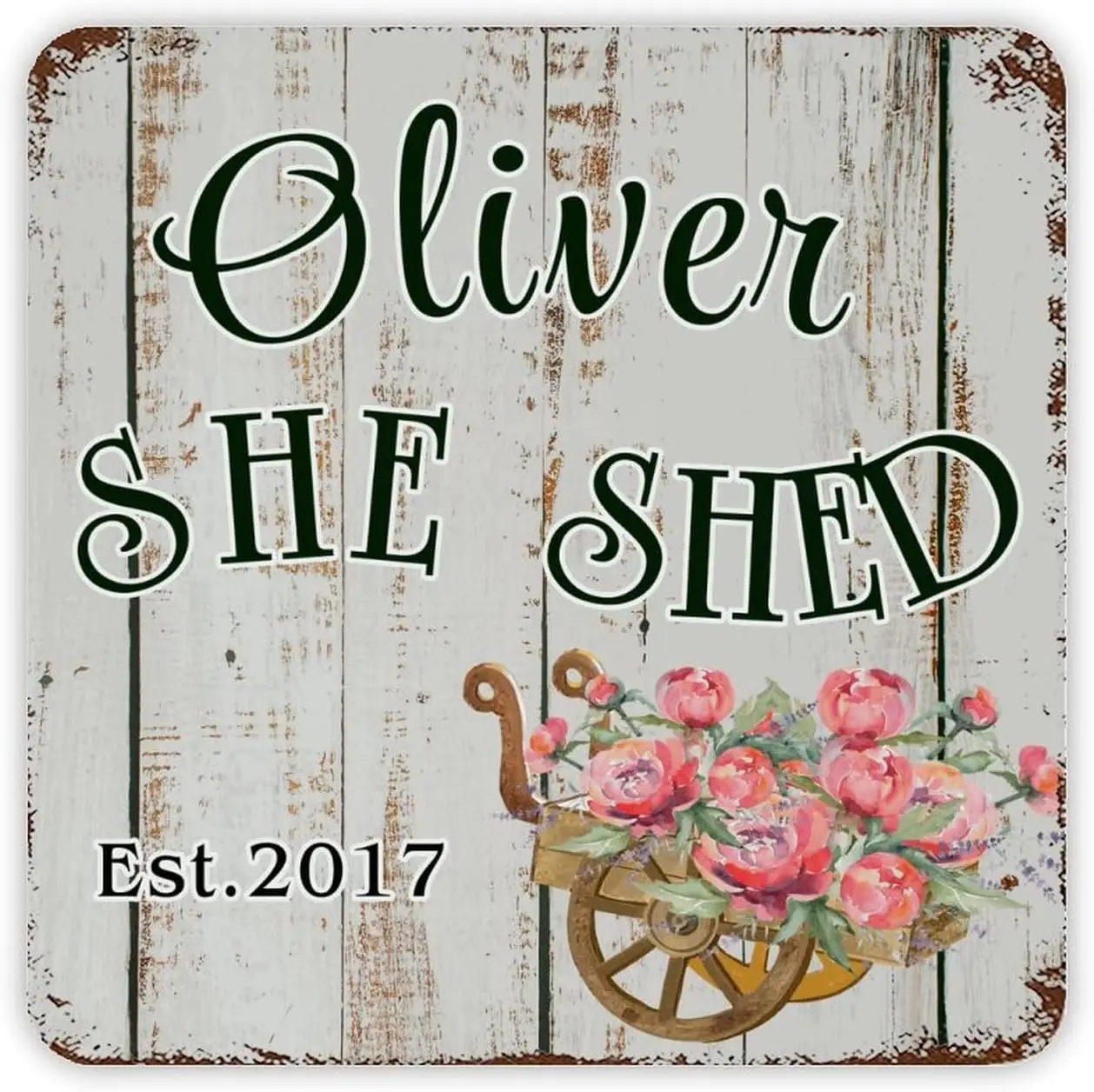 Nome Personalizzato Targa Di Latta She Shed Pink Paeonia Metal Sign Retro Wood Grain Personalizzato Chic Sign Nursery Wall Art