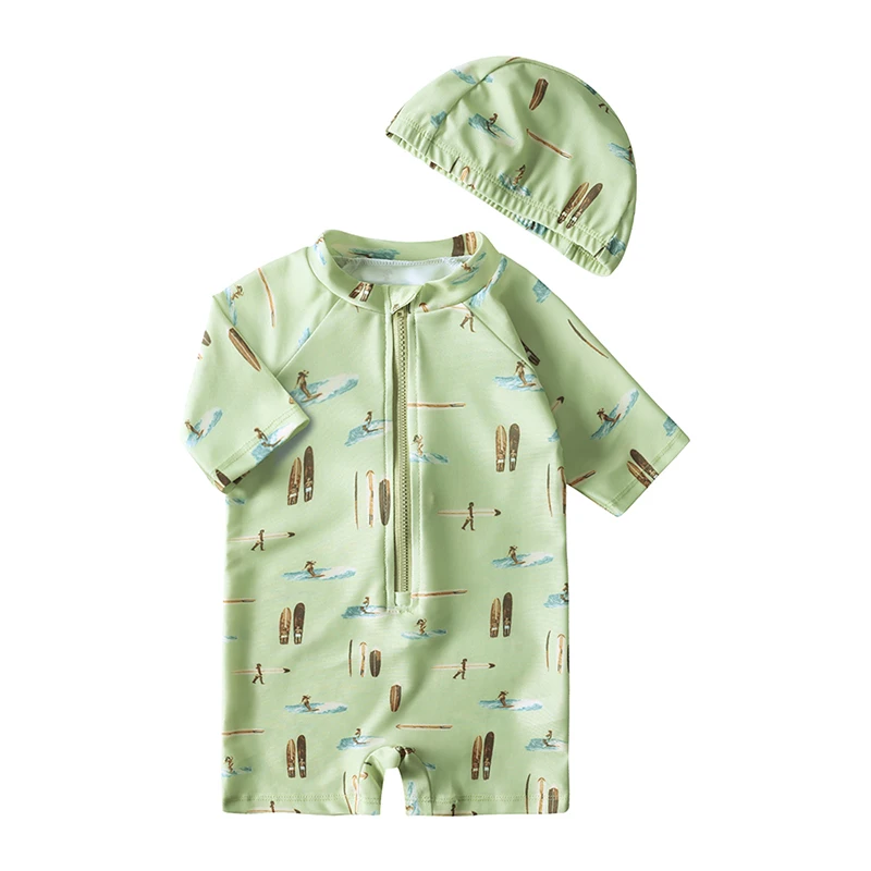 Kids Quick-Drying Swimsuit with Swim Caps Baby Boy Short Sleeve Sunscreen Print One-Piece Bathing Suit Beachwear UPF50+