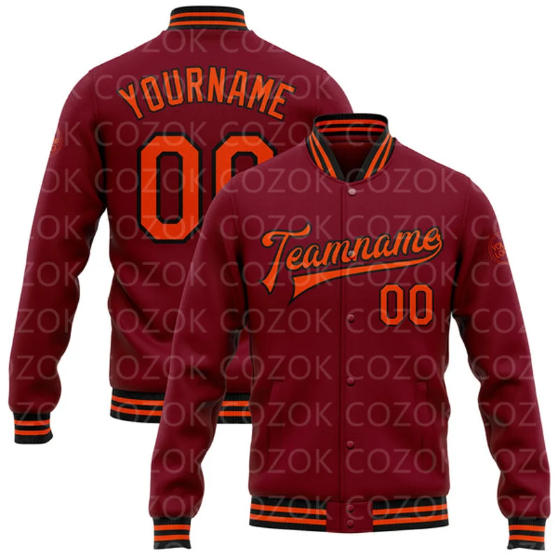 

Custom Dark Brownish red 3D Printed Baseball Button Jacket Bomber Full-Snap Varsity Letterman Jacket