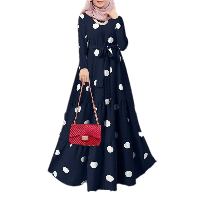 

2023 Women's Muslim Casual Robe Fashion Vintage Polka Dot Print Lace Up Slim Long Sleeved Temperament Commuter Zipper Dress XL