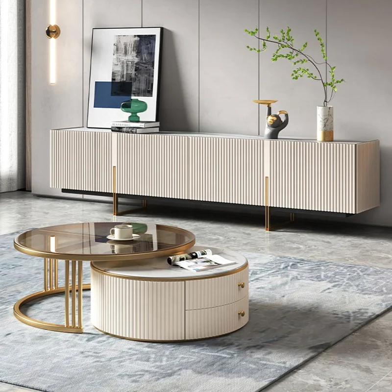 NOVA Minimalist Style White TV Unit Stand Stone Top Media Entertainment Center Cabinet For Living Room Furniture