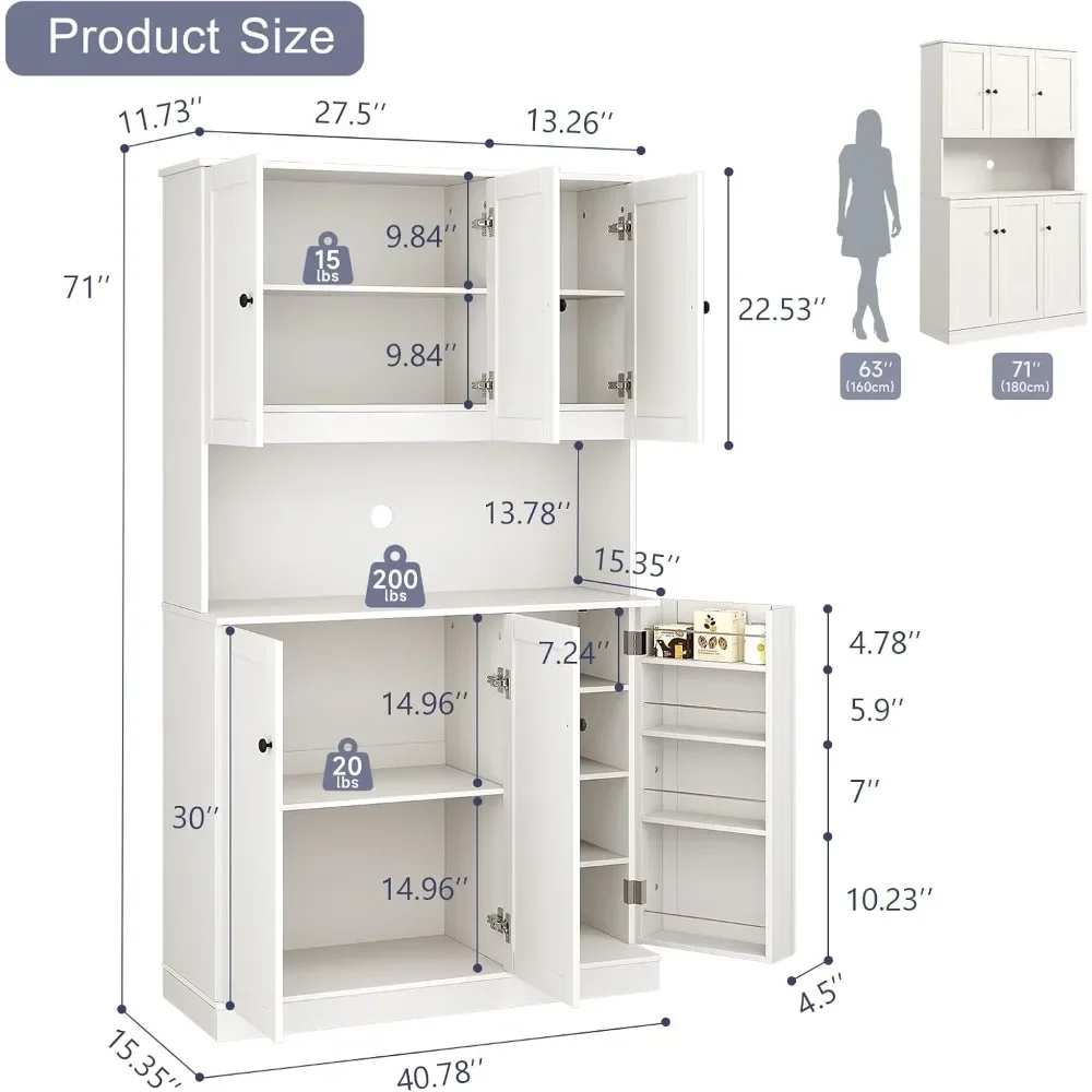 71" Tall Kitchen Pantry Storage Cabinet with Microwave Stand & Door Shelf, Freestanding Kitchen Hutch with 6 Doors