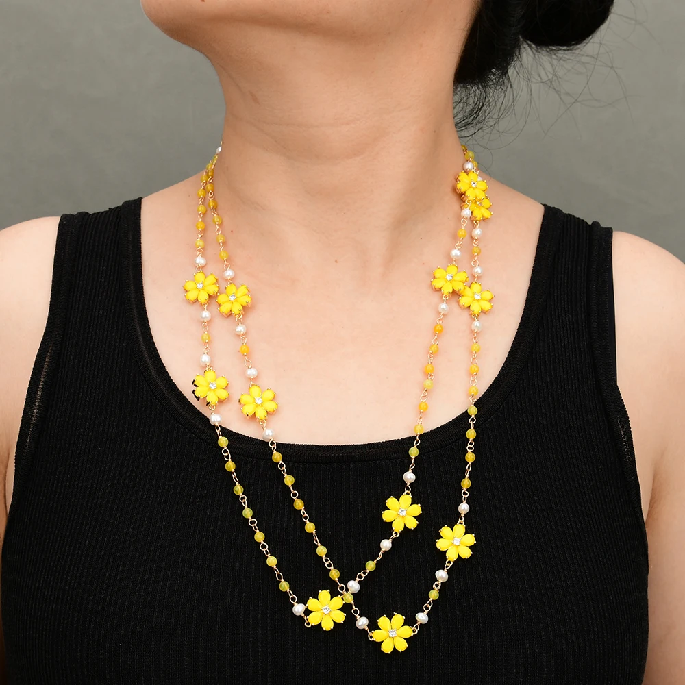 

GG 56'' Natural Yellow Lemon Quartz White Pearl Yellow Jade Flower Crystal CZ Paved Sweater chain Necklace For Lady