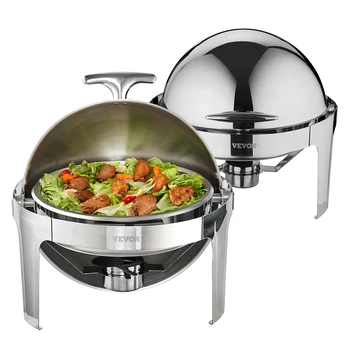 SucceBuy Roll Top Chafing Dish Buffet Set 6 Qt 2 Pack Stainless Steel Chafer with 2 Full Size Pans Round Catering Warmer Server 1
