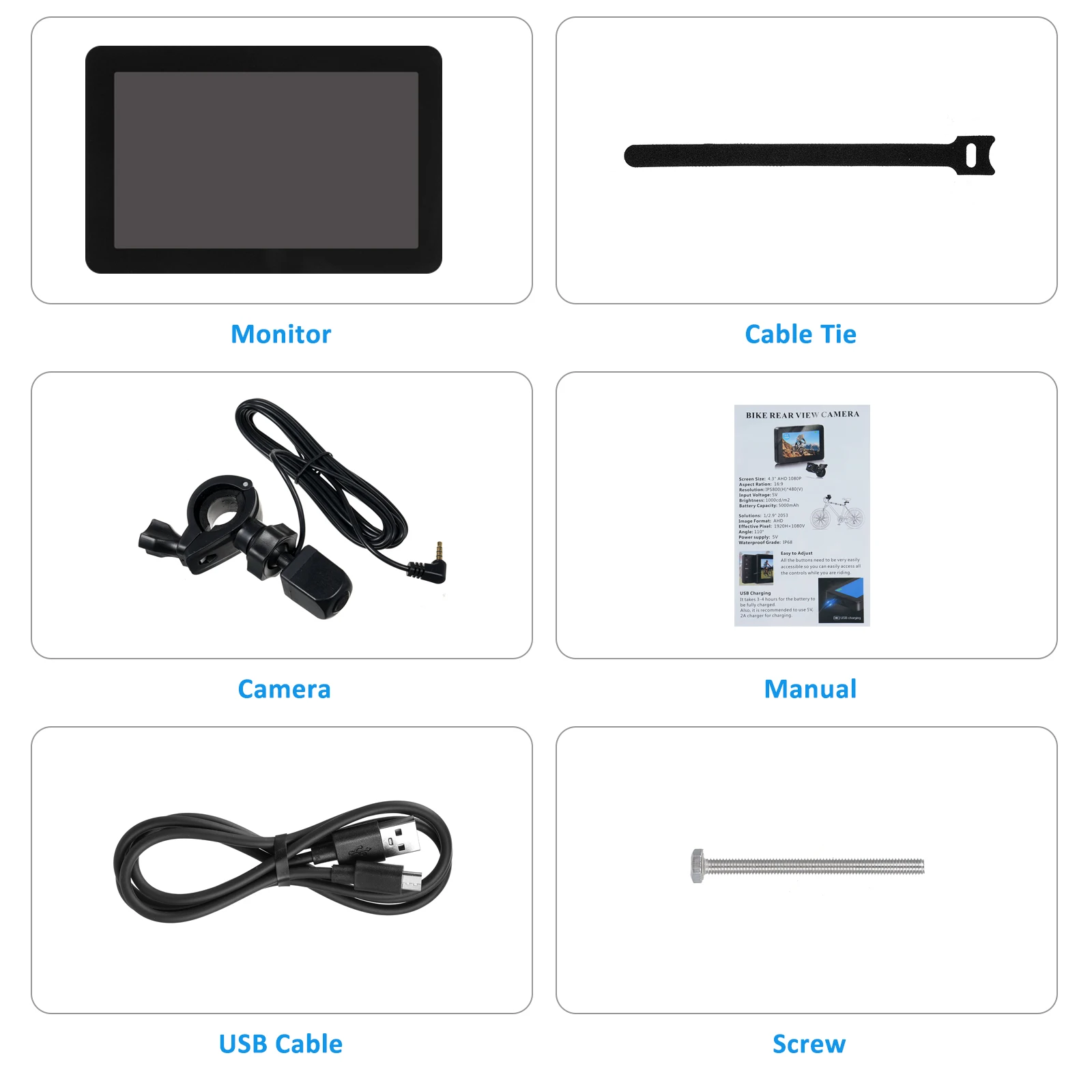1080P 충전식 자전거 후방 카메라 핸들바 자전거 거울 도구(4.3인치 모니터 포함) 야간 투시경 150 °   광각 뷰