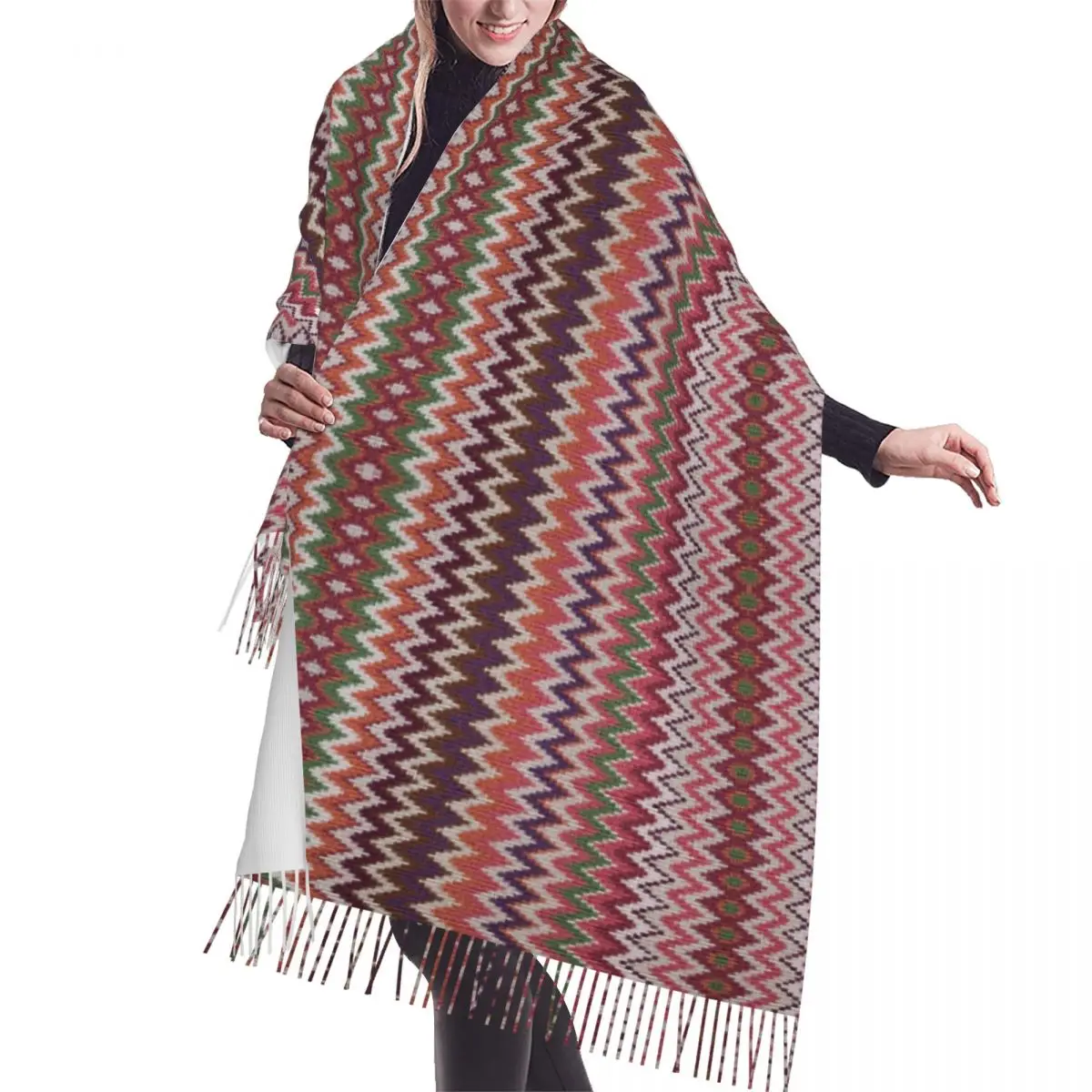 

Modern Wave Zig Zag Scarf Wrap Women Long Winter Fall Warm Tassel Shawl Bohemian Geometric Fashion VersatileVersatile Scarves