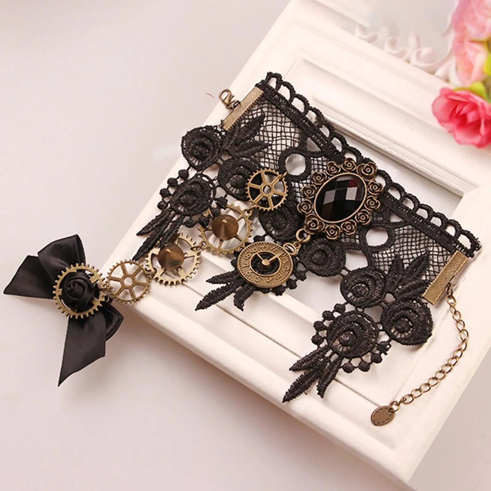 Women Fingerless Steampunk Gloves Wrist Cuff Gear Girls Vintage Bracelets Cosplay Costume Accessories Lace Handwear Cosplay Gloves Lace Gloves Cosplay Wrist Cuffs Lace Fingerless Gloves
