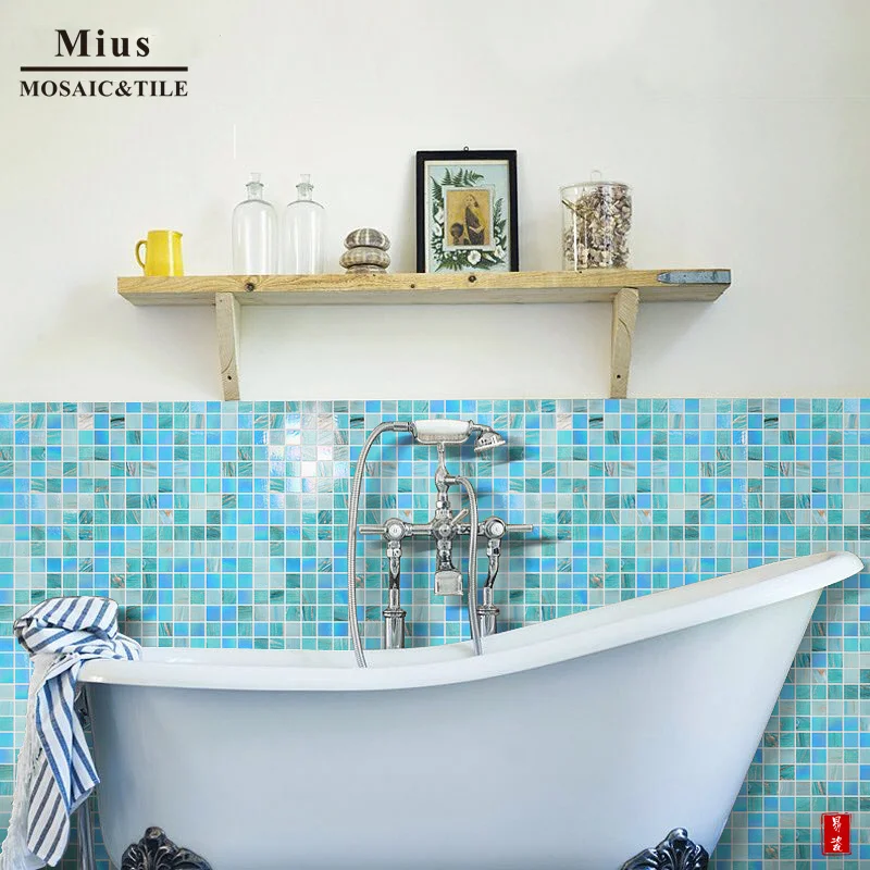 Mediterraneon style sky blue mix glass showeroom  mosaic tile kitchen backsplash non sliiop white scale glass tile mosaic for kitchen backsplash