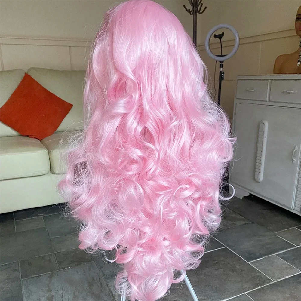 AIMEYA 13X4 Synthetic Lace Wigs for Women Pink Body Wave Wig Natural Hairline Heat Resistant Cosplay Synthetic Lace Front Wigs 3
