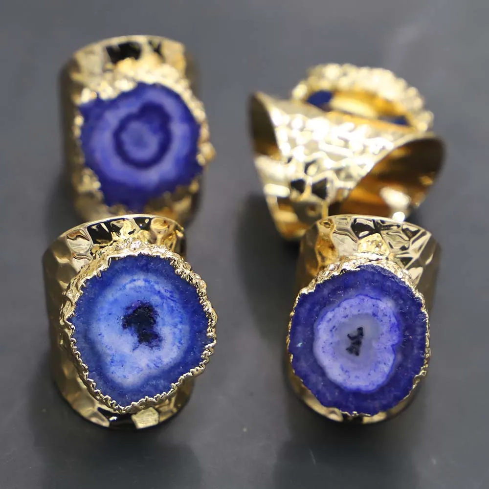 

Blue Sunflower Agate Druzy Quartz Adjustable Ring Women Irregualr Raw Stone Gold Color Open Finger Fashion Jewelry Wholesale4Pcs