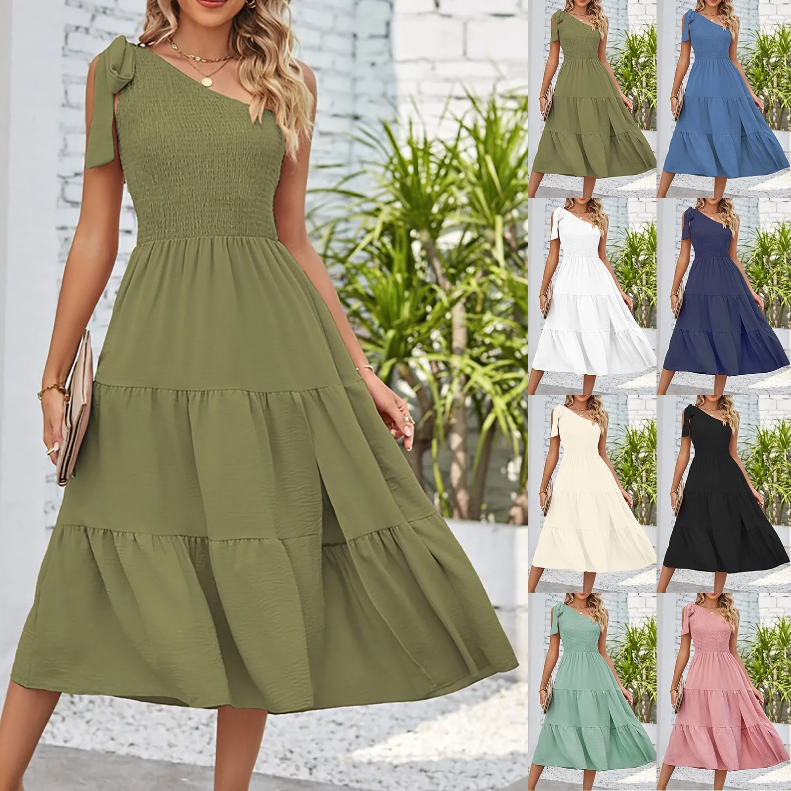 

Ladies Summer Solid One Shoulder Pleated Layered Split Dress Ruffles Patchwork Slim