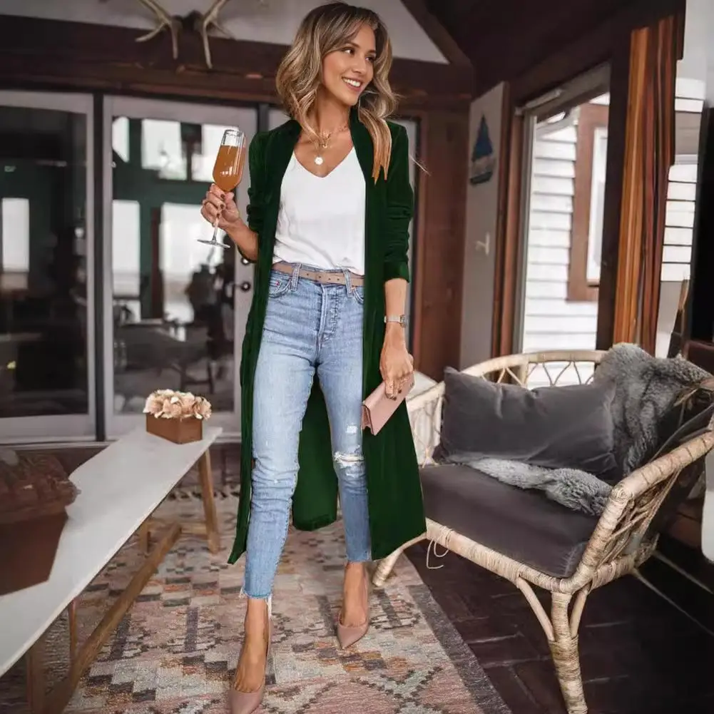 Chaqueta De Terciopelo Dorado Para Mujer - Cárdigan Largo Abierto, Elegante Para Fiestas Y Eventos