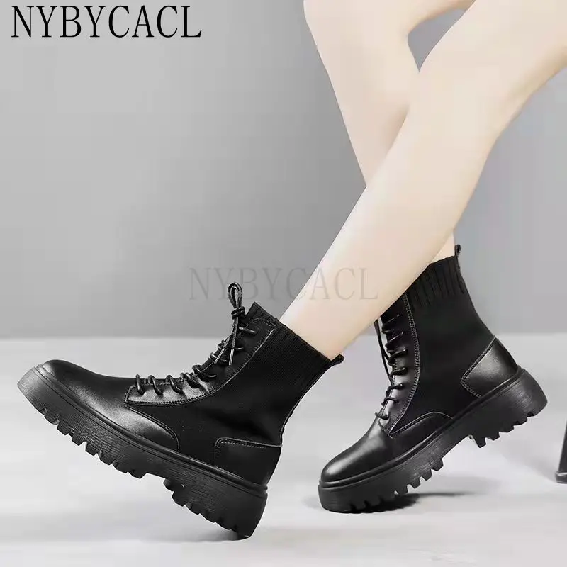 Genuine Leather Platform Boots 2022 Winter Spring Women Warm Comfortable Chunky Fashion Shoes Lace up Ladies Footwear New