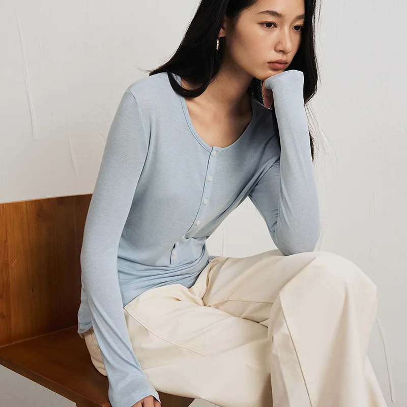 Silk Wool Basic Shirt Round Button Neck Slim Knitwear, Solid Color Striped...