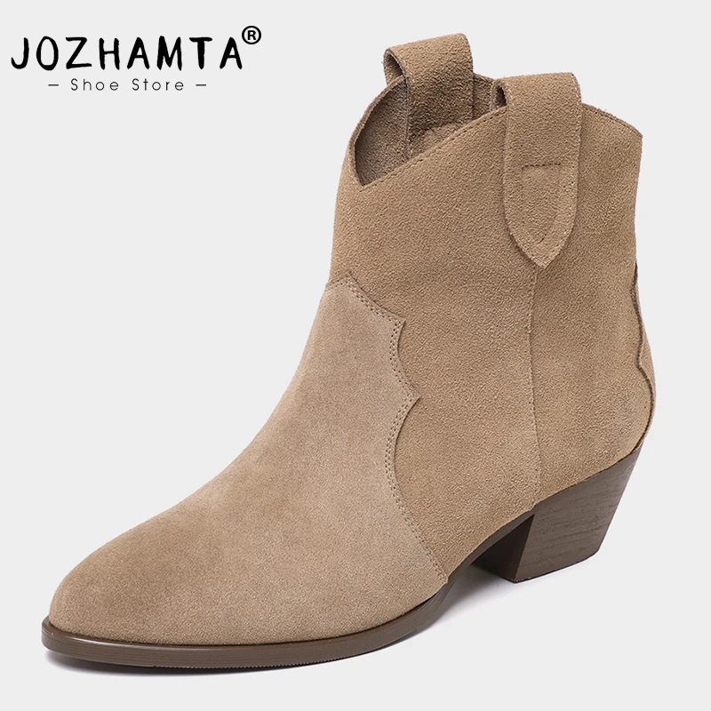 

Женские замшевые ботильоны JOZHAMTA, ботинки из натуральной кожи на высоком каблуке, ковбойские ботинки из коровьей кожи в западном стиле, Размеры 33-40, зима 2023
