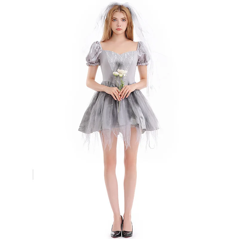Grey Woman Halloween Corpse Bride Costumes Female Zombie Walking Dead Cosplay Carnival Purim Parade Role Play Show Party Dress