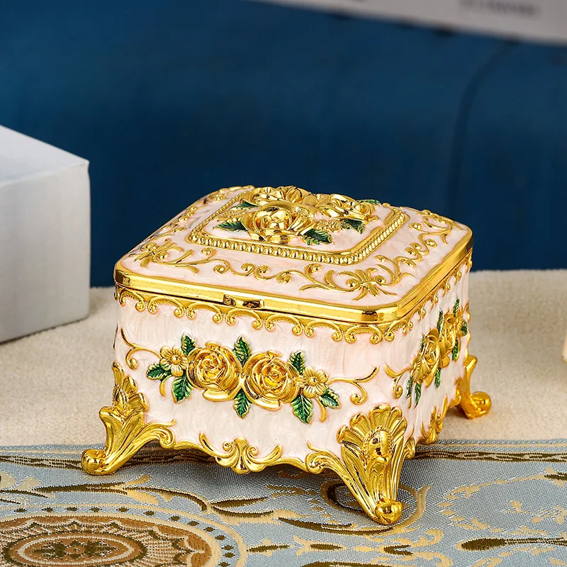 

Vintage Jewelry Box European Style Metal Enamel Jewelry Box Double Layer Rectangular Trinket Storage Box