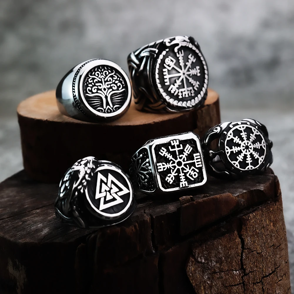 Nordic Viking Stainless Steel Ring Anchor Compass Tree of Life Rune Amulet Wolf Men Women Finger Jewelry Biker Party Club Gift