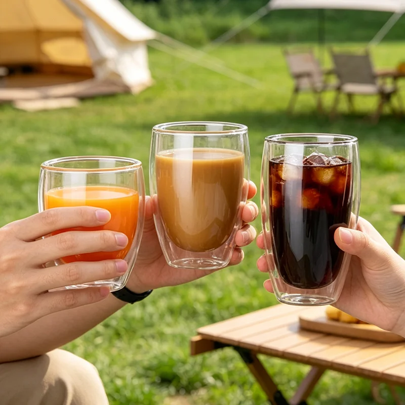 Handmade Heat Resistant Double Wall Glass Cup, 350ml Transparent Design