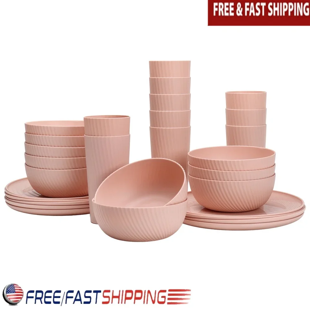 30 Piece Pink Plastic Swirl Dinnerware Set BPA Free Dishwasher Safe Indoor Outdoor Use Includes Plates Bowls Tumblers