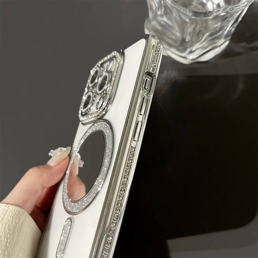 Glitter Magnetic Make Up Mirror Phone Case For iPhone 16 15 11 12 13 14 Pro Max Shiny Diamond Plating Clear Protective Cover_voghion.com